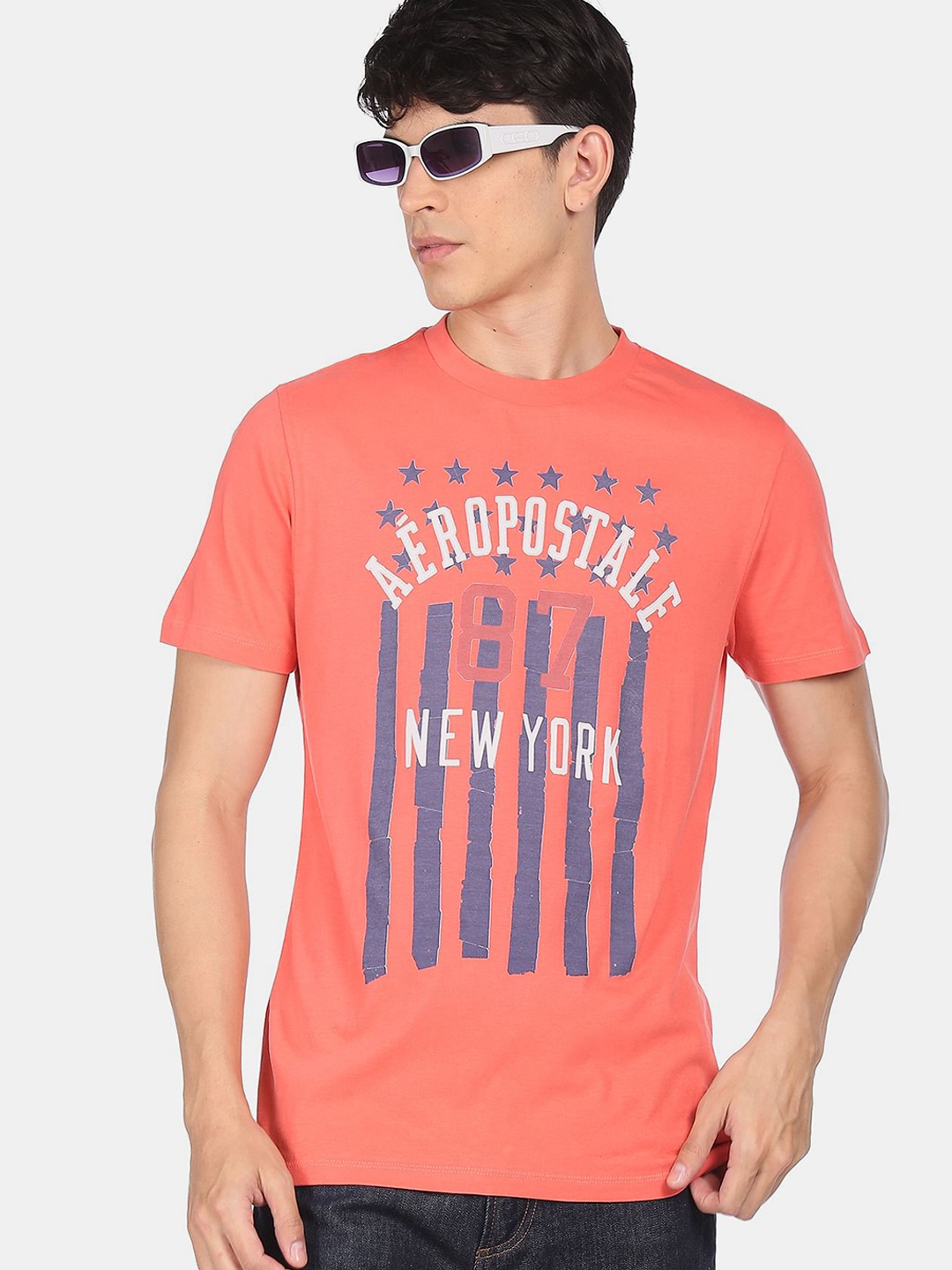 

Aeropostale Men Coral & White Brand Logo Printed T-shirt