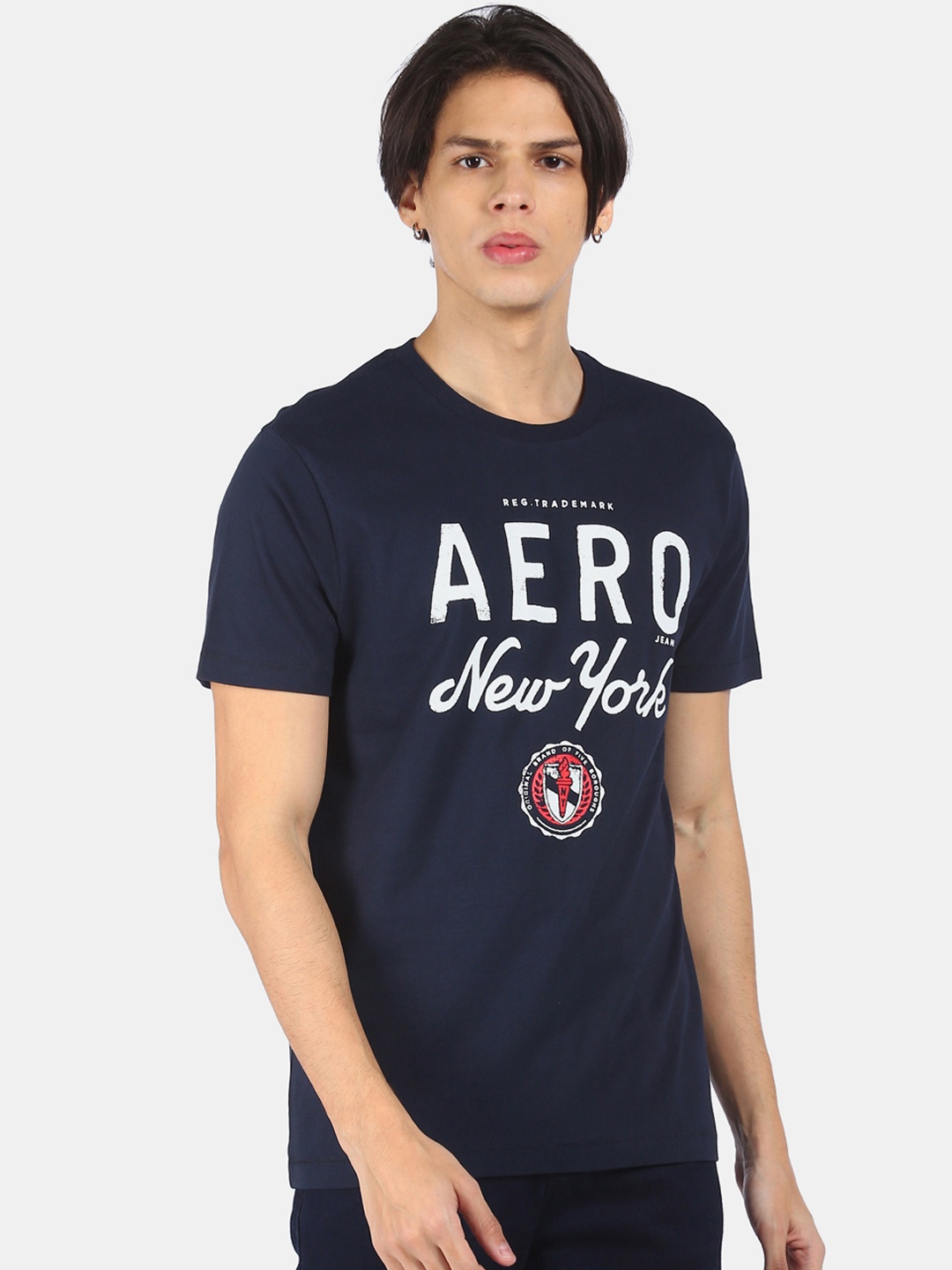 

Aeropostale Men Navy Blue White Brand Logo Printed Pure Cotton T-shirt