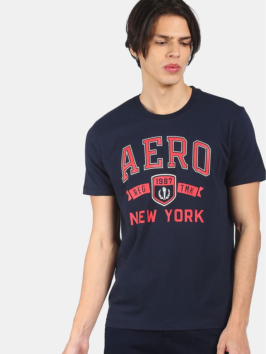 

Aeropostale Men Navy Blue Red Brand Logo Printed Pure Cotton T-shirt