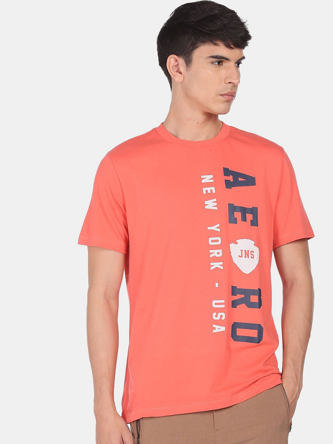 

Aeropostale Men Coral & Navy Blue Brand Logo Printed T-shirt
