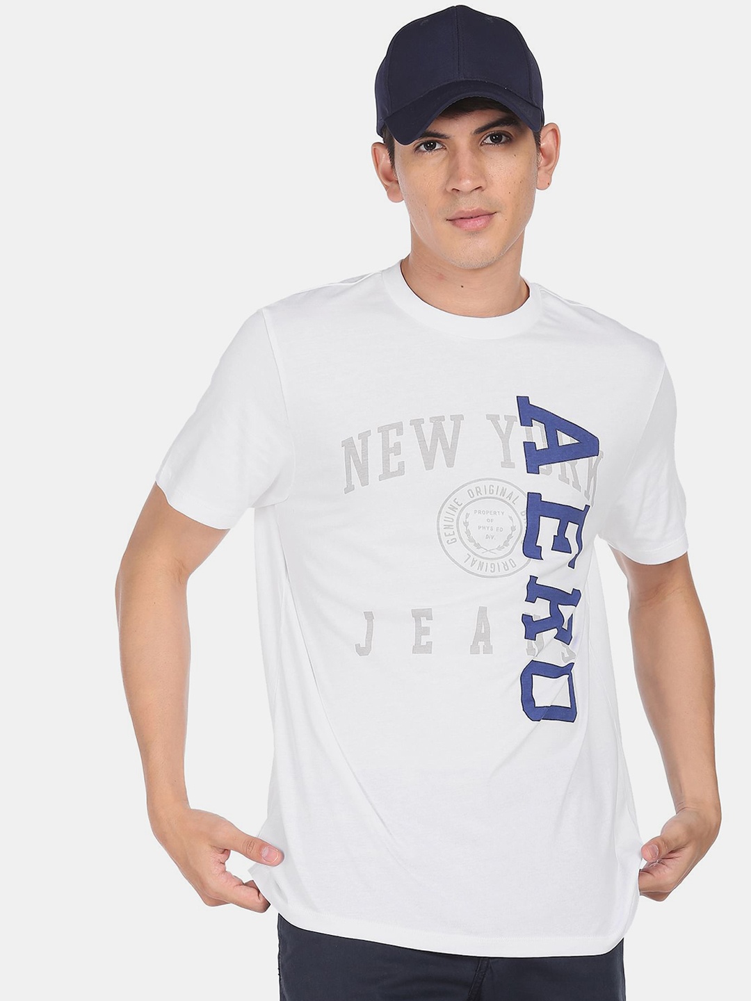 

Aeropostale Men White Blue Brand Logo Printed Pure Cotton T-shirt