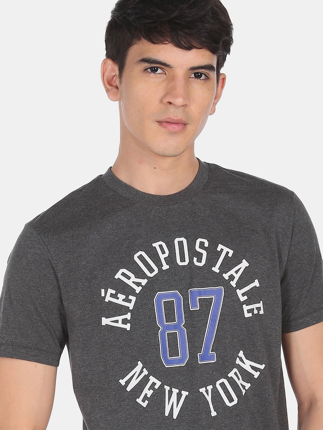 

Aeropostale Men Charcoal White Brand Logo Printed Pure Cotton T-shirt
