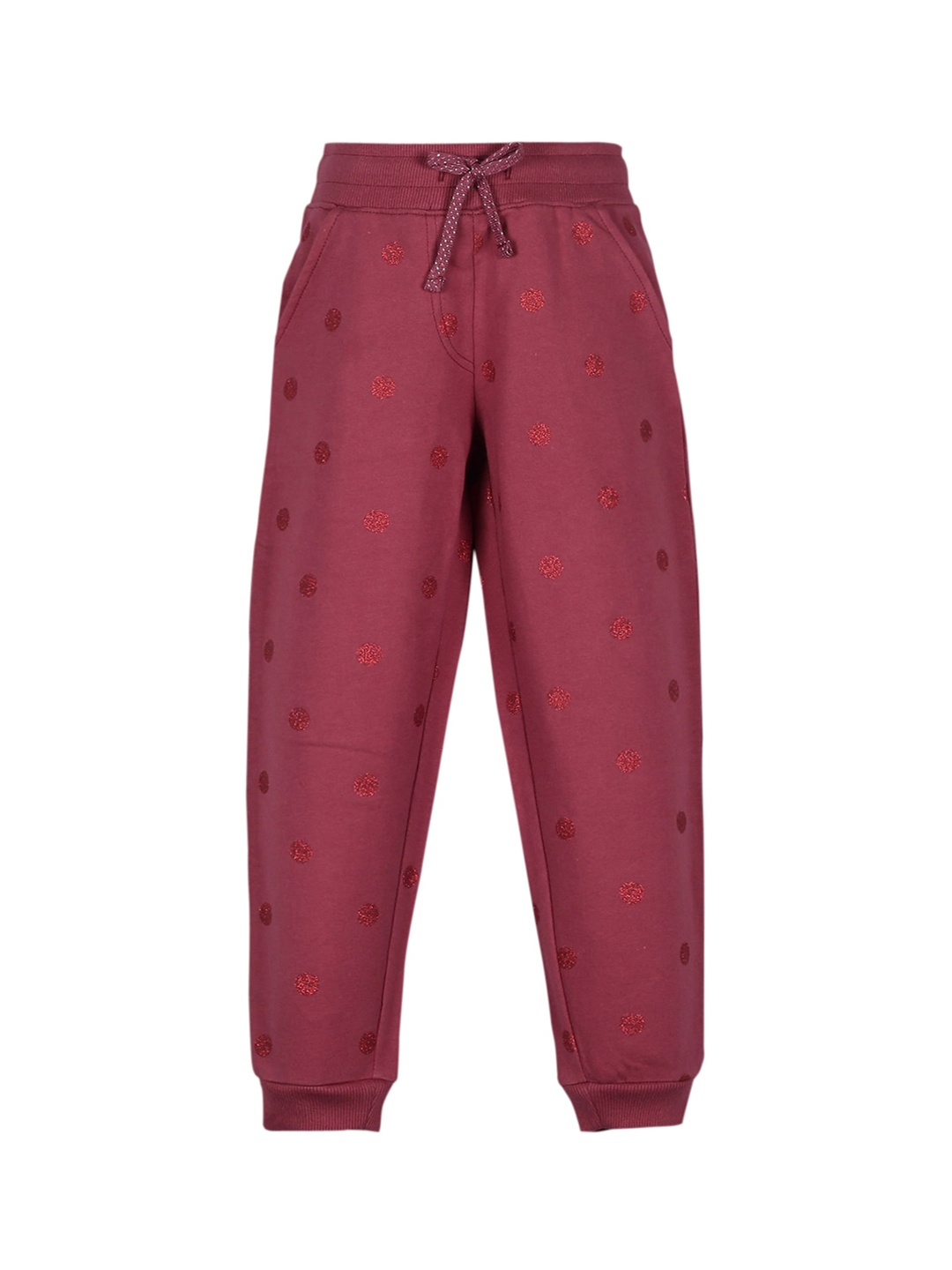 

PLUM TREE Girls Burgundy-Coloured Glitter Printed Pure Cotton Joggers