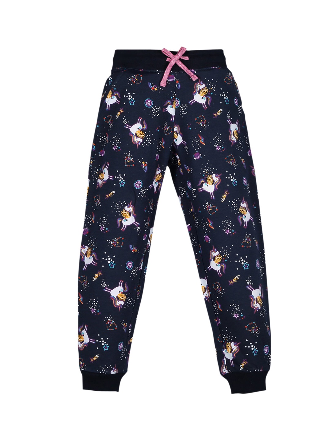 

PLUM TREE Girls Navy Blue & White Unicorn Printed Pure Cotton Joggers