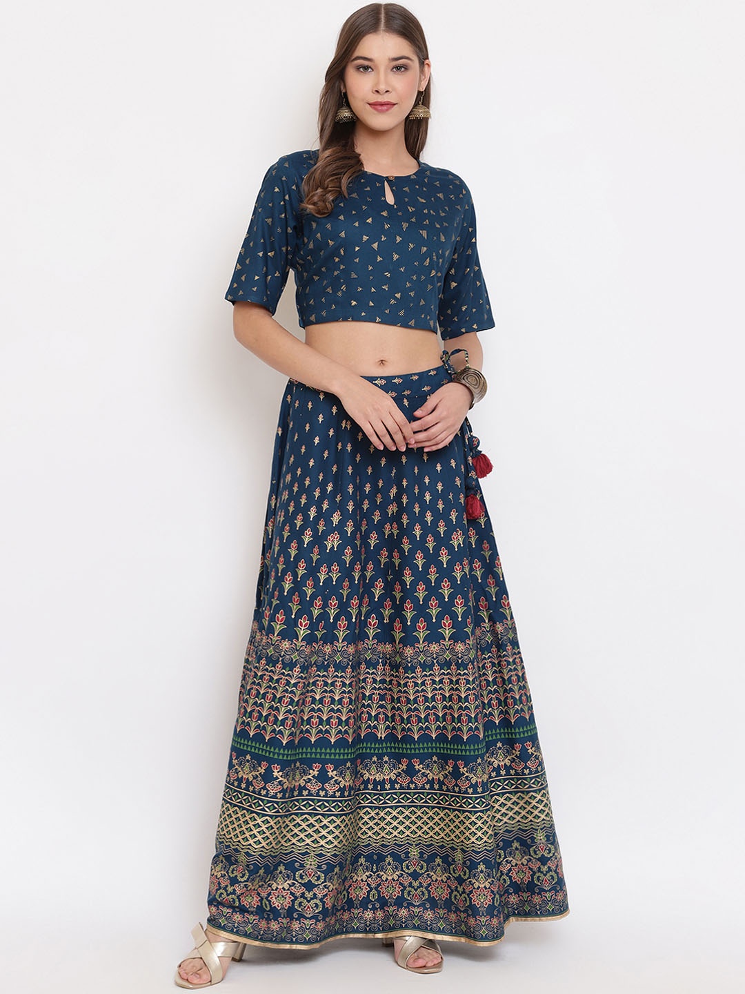 

Janasya Teal & Gold-Coloured Ethnic Motifs Printed Ready to Wear Lehenga & Blouse
