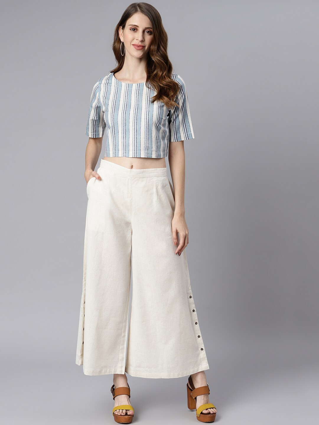 

Janasya Women Cream-Coloured & Blue Striped Cotton Flex Crop Top with Palazzos