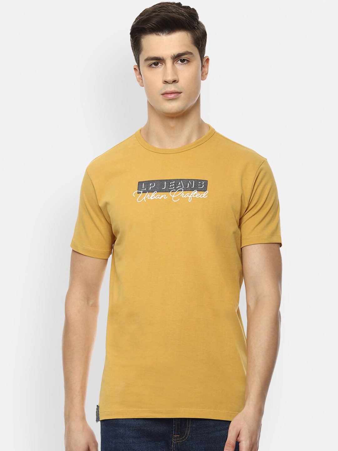 

Louis Philippe Jeans Men Yellow Typography Printed Cotton Pure Cotton T-shirt
