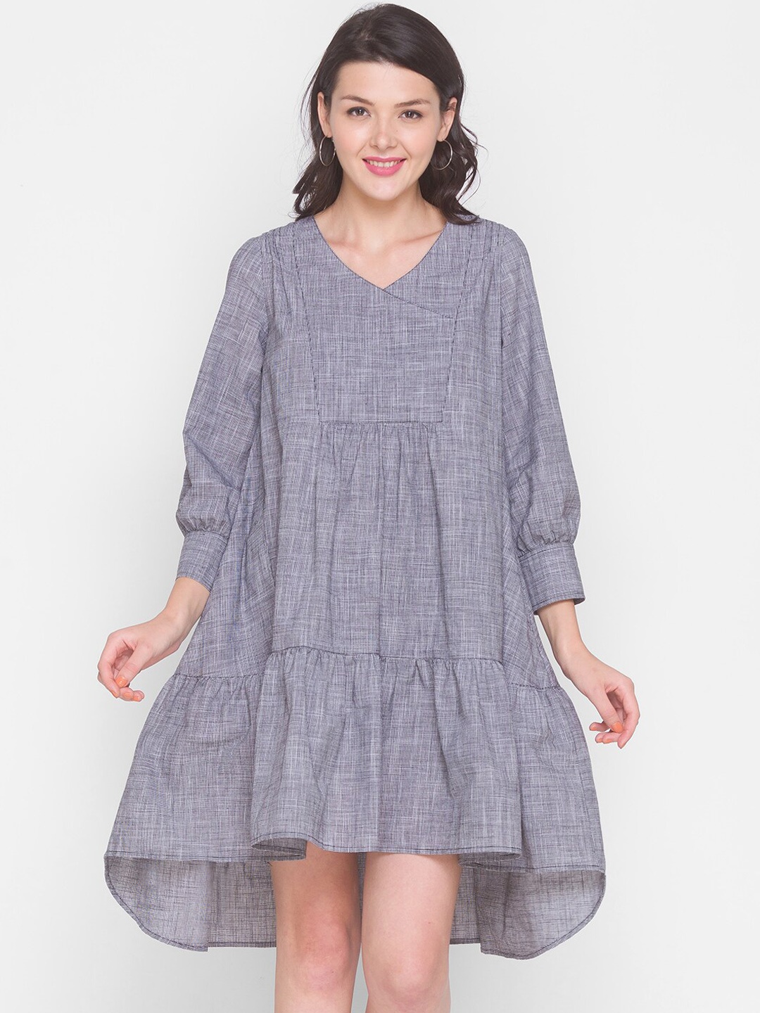 

TERQUOIS Grey Checked Oversized Cotton A-Line Dress