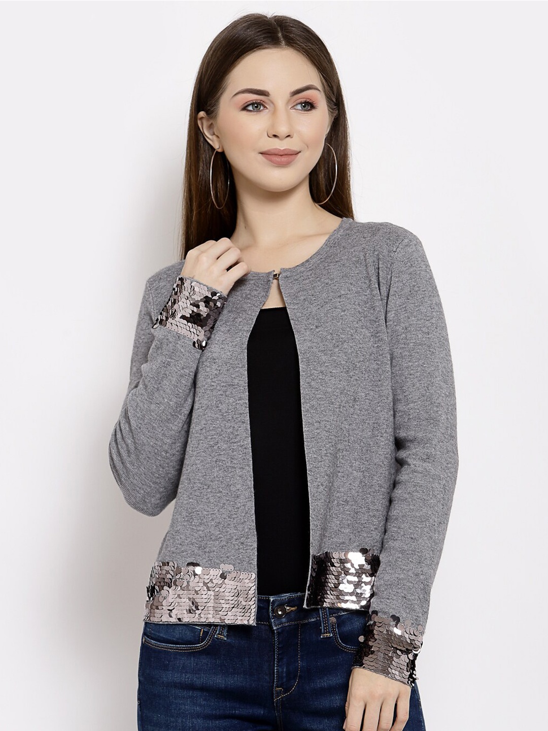 

Mafadeny Women Grey Embellished Shrug