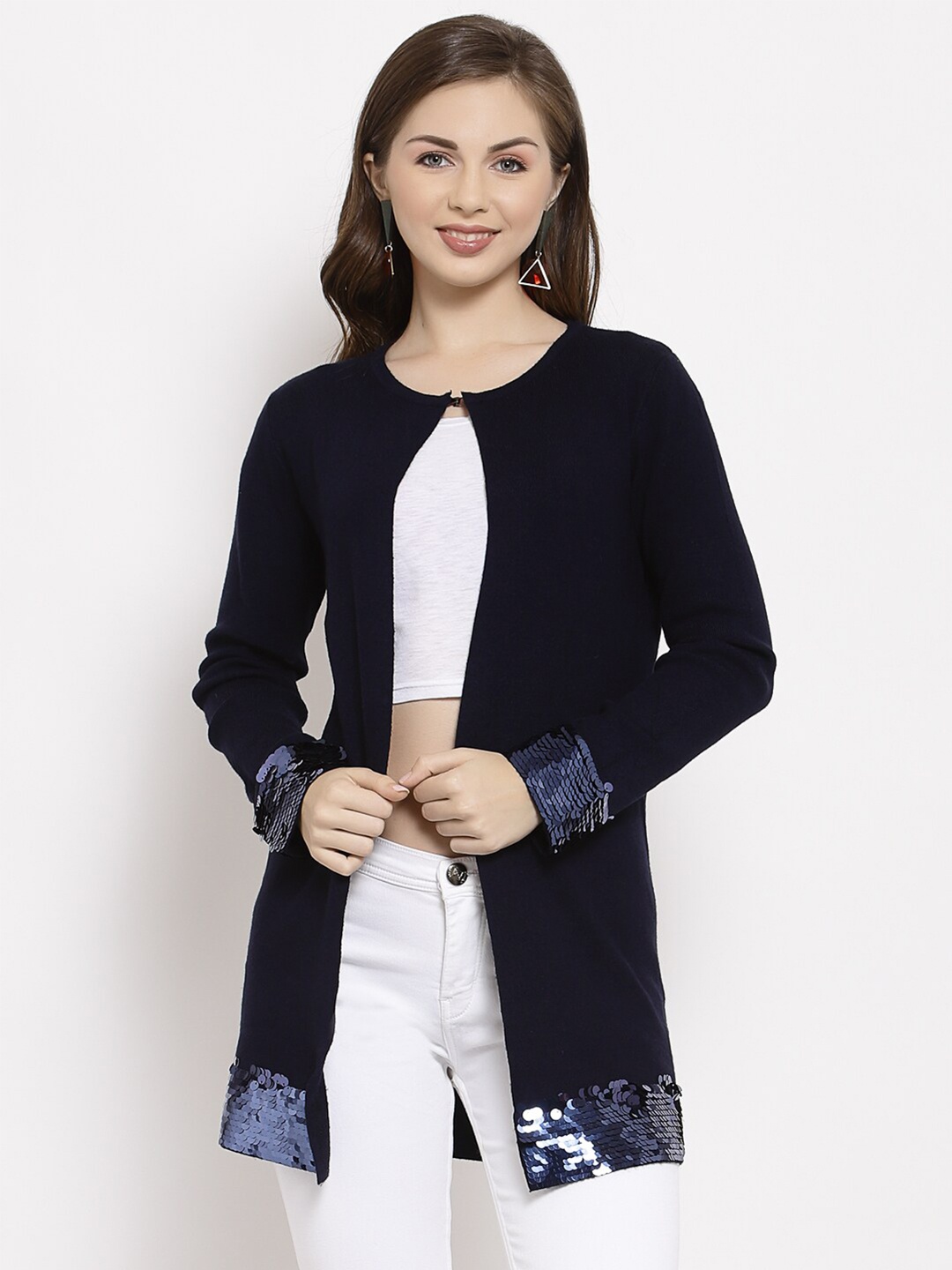 

Mafadeny Women Navy Blue Embellished Shrug