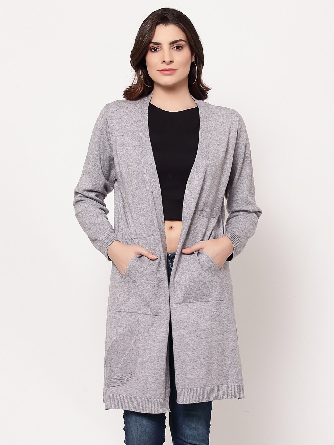 

Mafadeny Women Grey Solid Open Front Longline Shrug