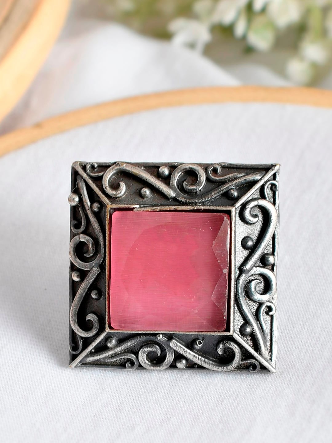 

Infuzze Oxidised Silver-Plated Pink Stone-Studded Adjustable Finger Ring