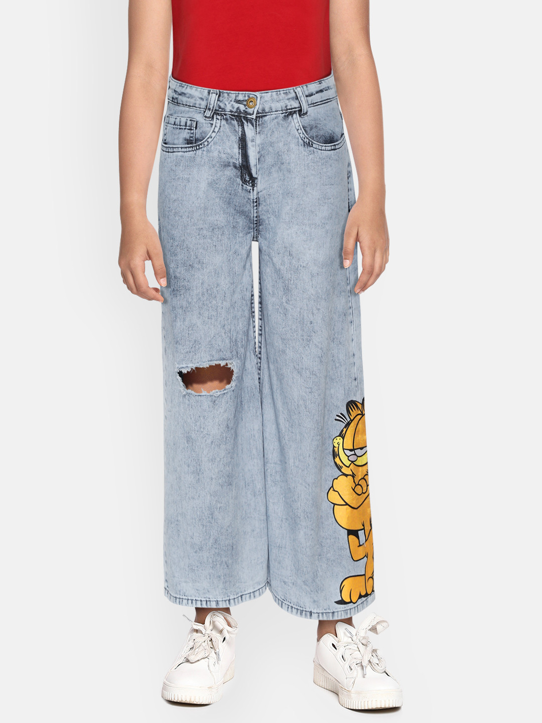

YK Garfield Girls Blue Pure Cotton Flared Slash Knee Light Fade Garfield Printed Jeans