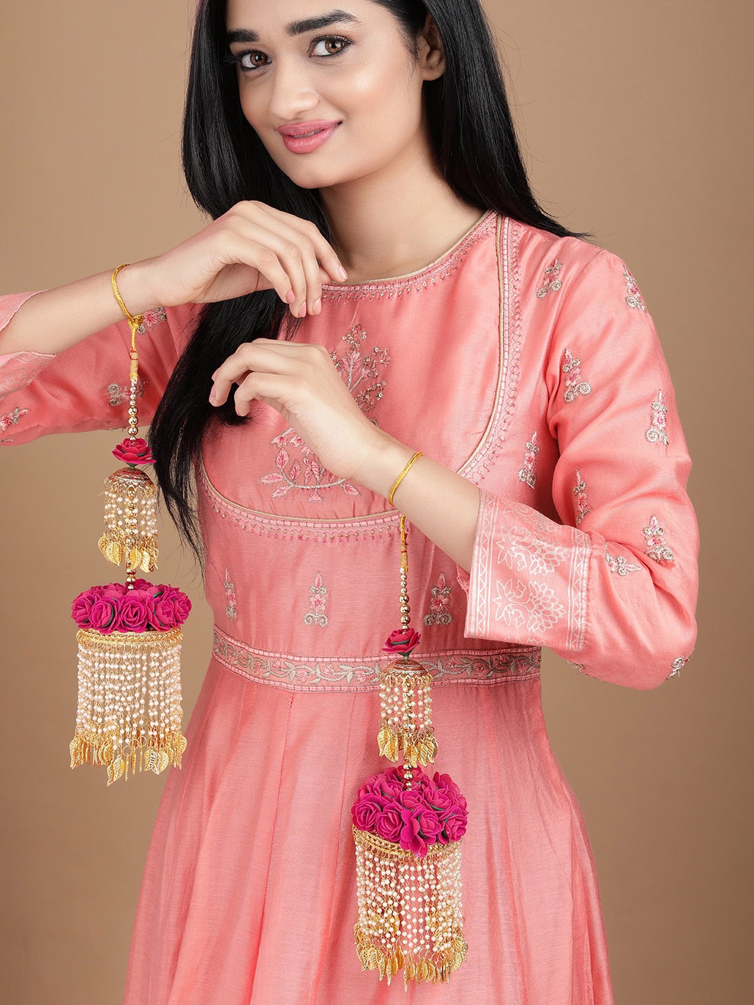 

Rubans Set Of 2 24K Gold-Plated Pink Floral & White Beaded Handcrated Kaleeras