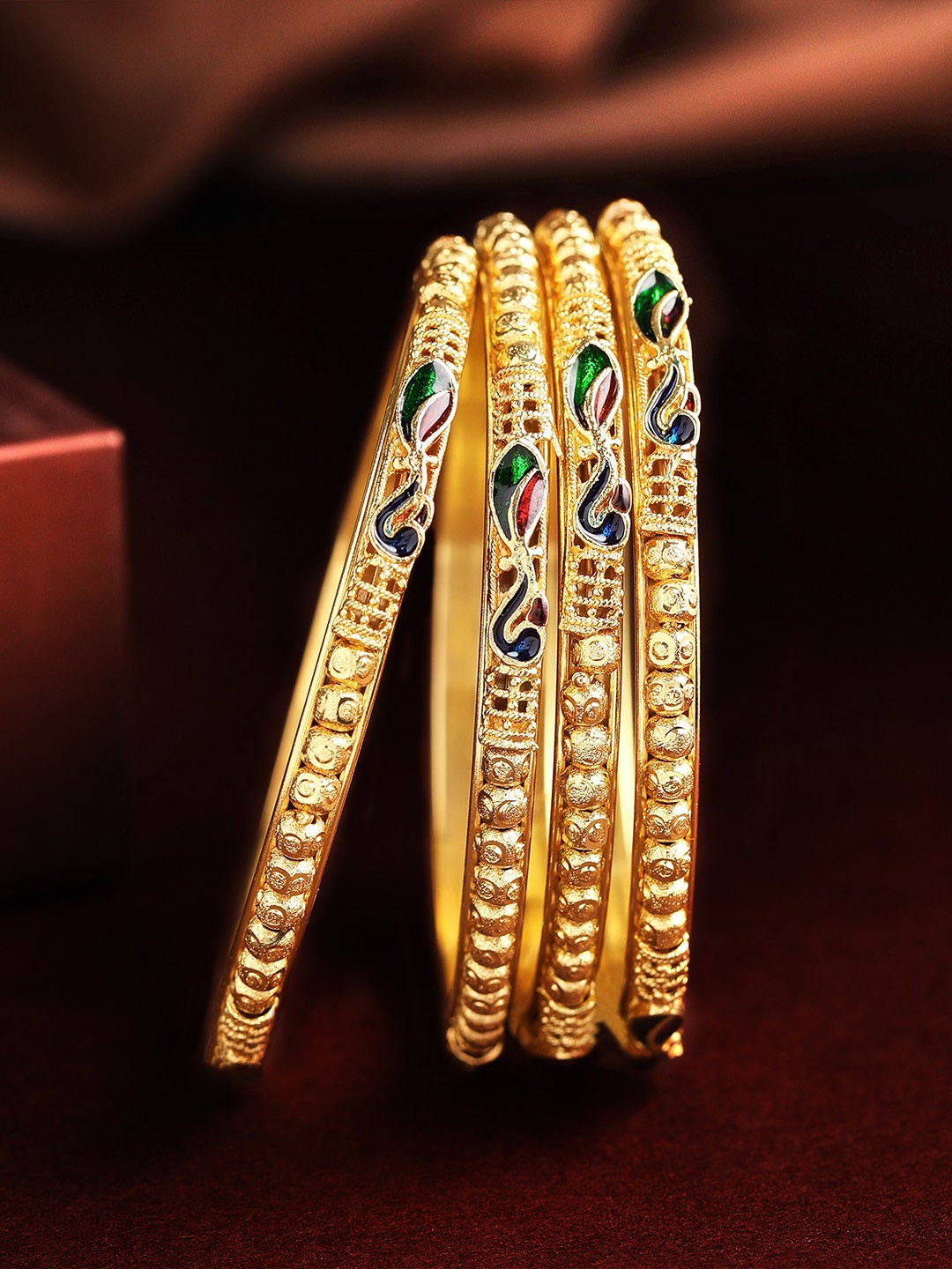 

Rubans Set Of 4 24K Gold-Plated Green & Blue Enamel & Filigree Handcrafted Bangles