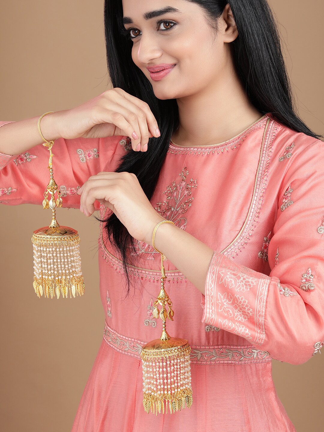 

Rubans Set Of 2 24K Gold-Plated White Beaded Handcrafted Kaleeras