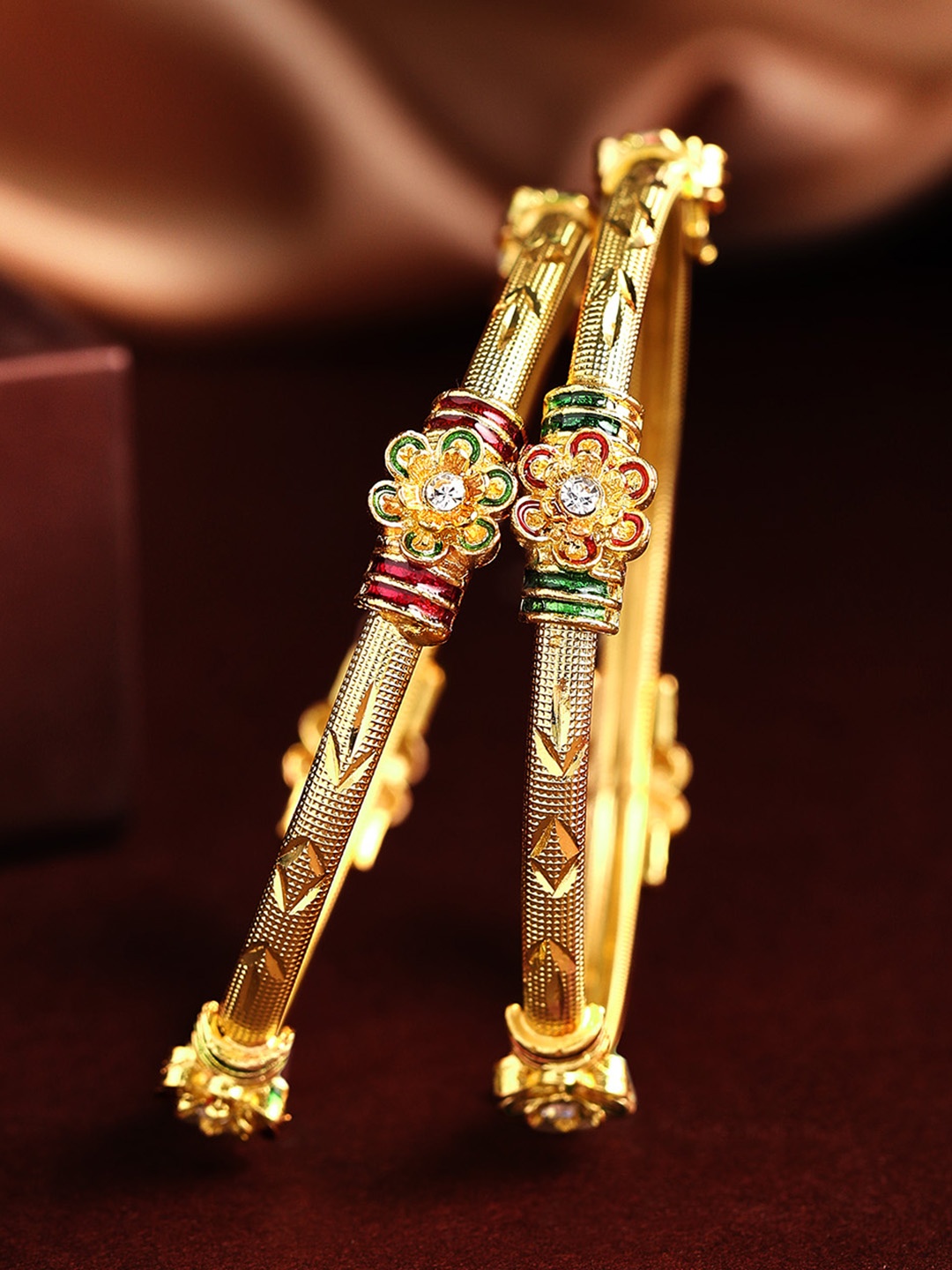 

Rubans Set Of 2 24K Gold-Plated White Stone-Studded Filigree Handcrafted Bangles