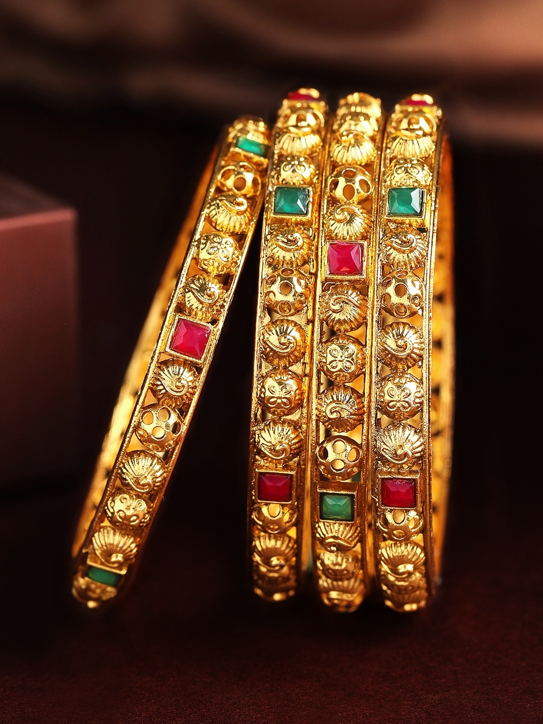 

Rubans Set Of 4 24K Gold-Plated Pink & Green Ruby-Studded Handcrafted Bangles