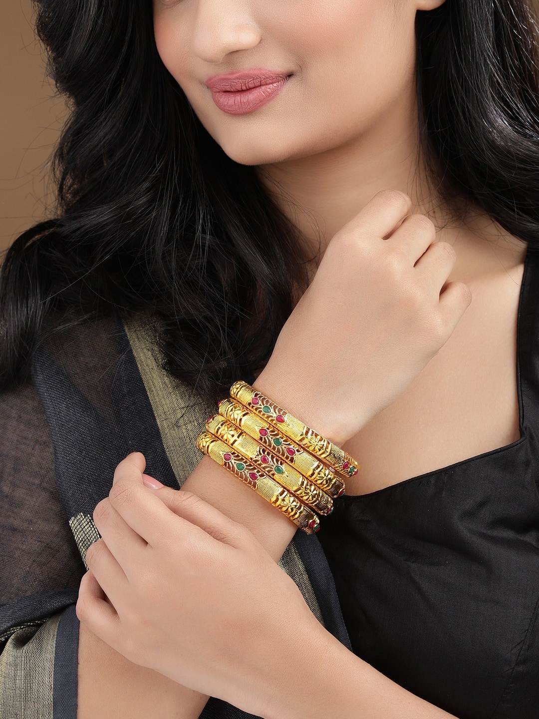 

Rubans Set Of 4 24K Gold-Plated Pink & Green Ruby-Studded Handcrafted Bangles