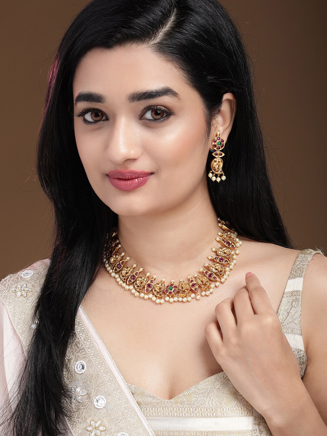 

Rubans 24K Gold-Plated Ruby-Studded & Beaded Handcrafted Jewellery Set
