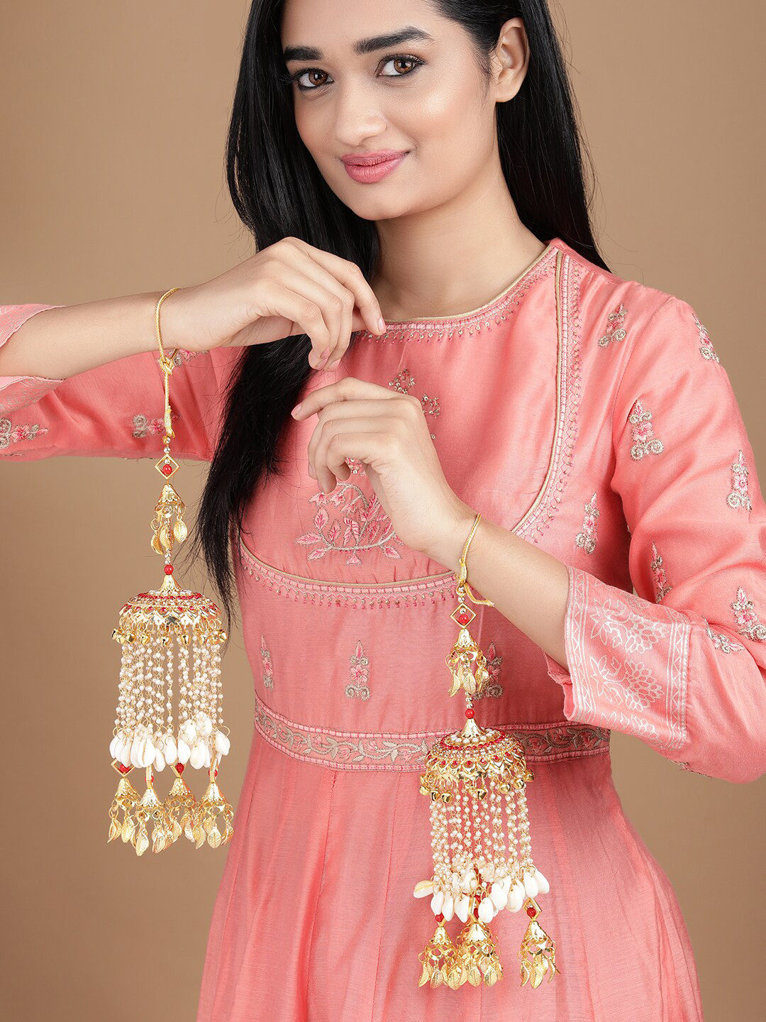 

Rubans Set Of 2 24K Gold-Plated Red Stone-Studded & White Beaded Handcrafted Kaleeras