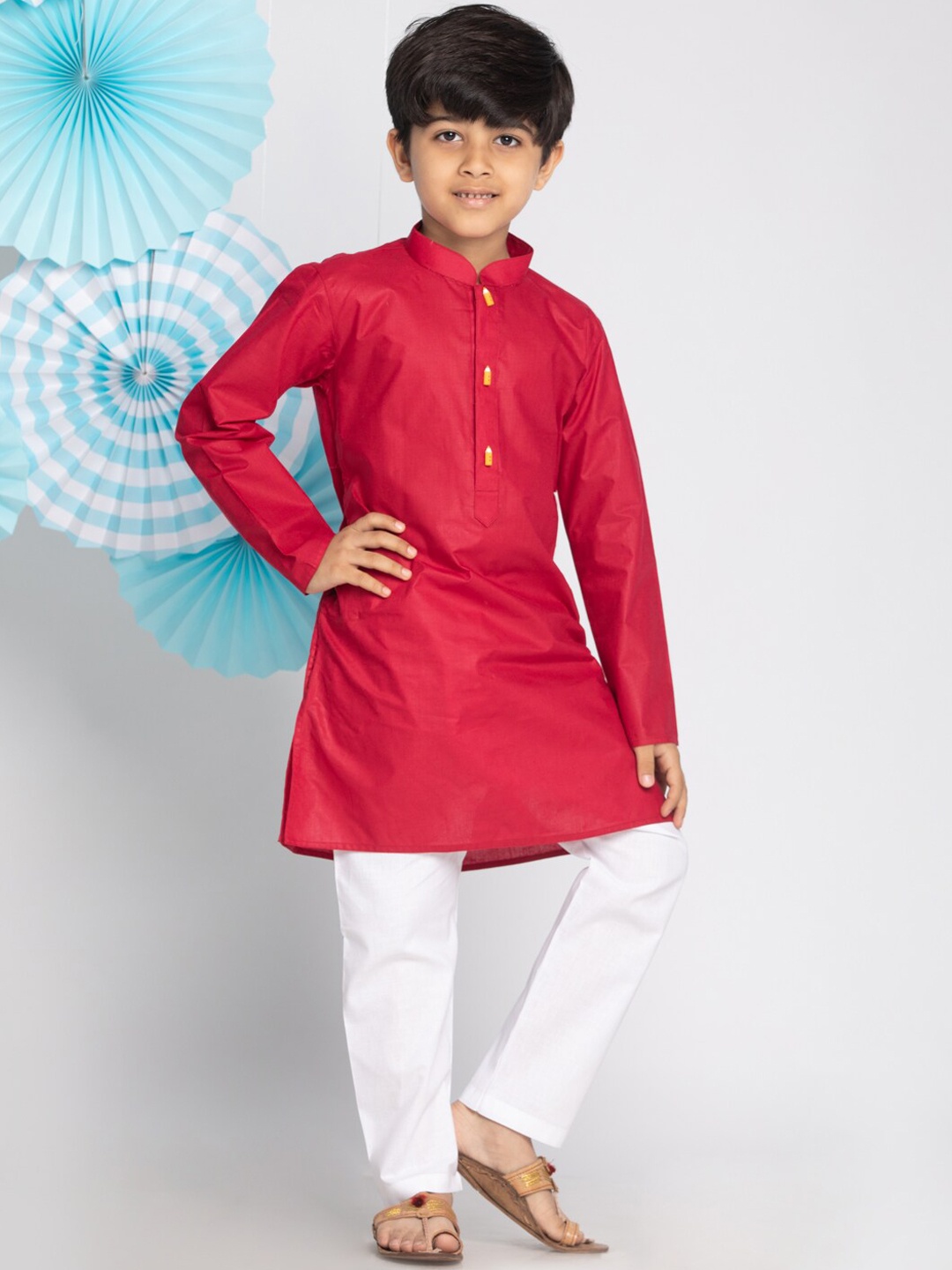 

VASTRAMAY Boys Maroon & White Solid Cotton Blend Regular Kurta With Pyjamas