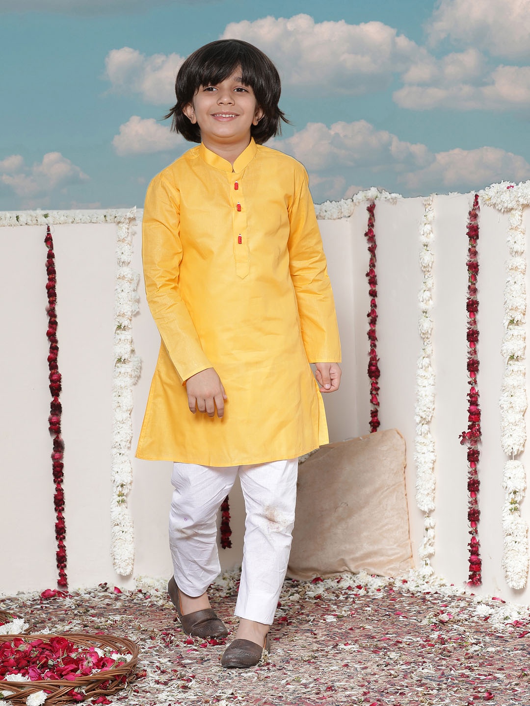 

VASTRAMAY Boys Orange & White Solid Cotton Blend Regular Kurta With Pyjamas