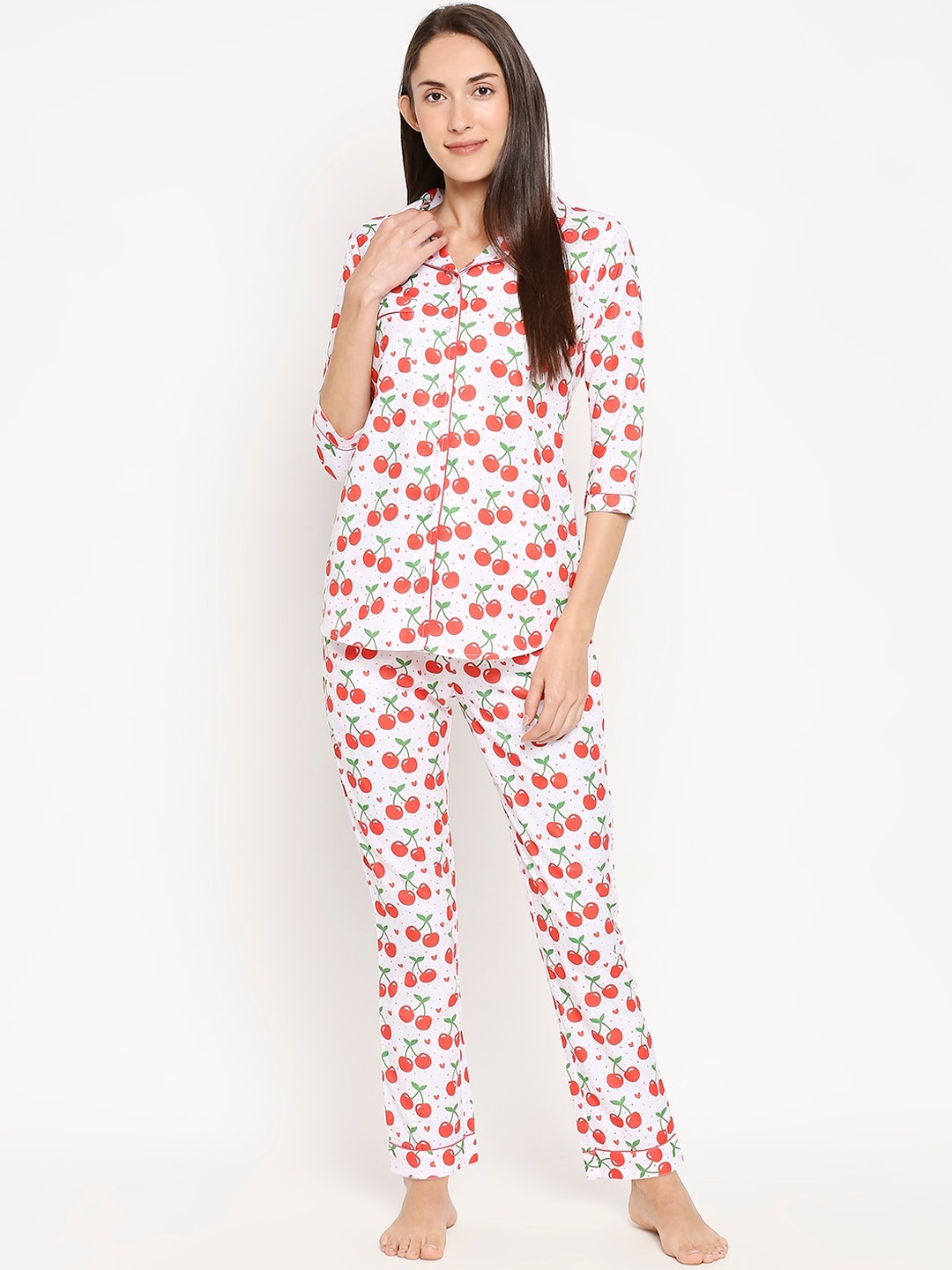 

Blacksmith Women White & Red Printed Night suit