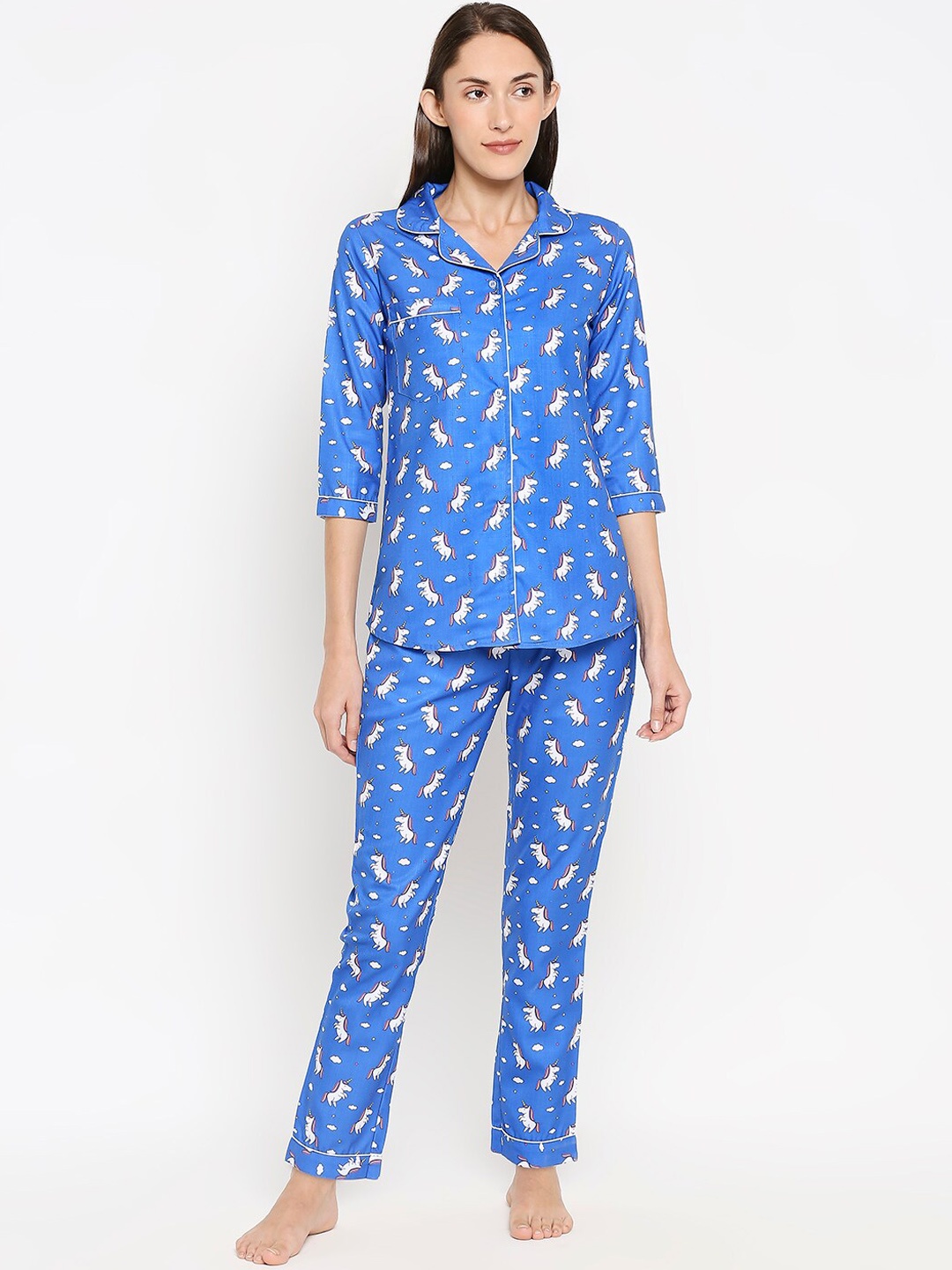 

Blacksmith Women Blue & White Printed Night suit