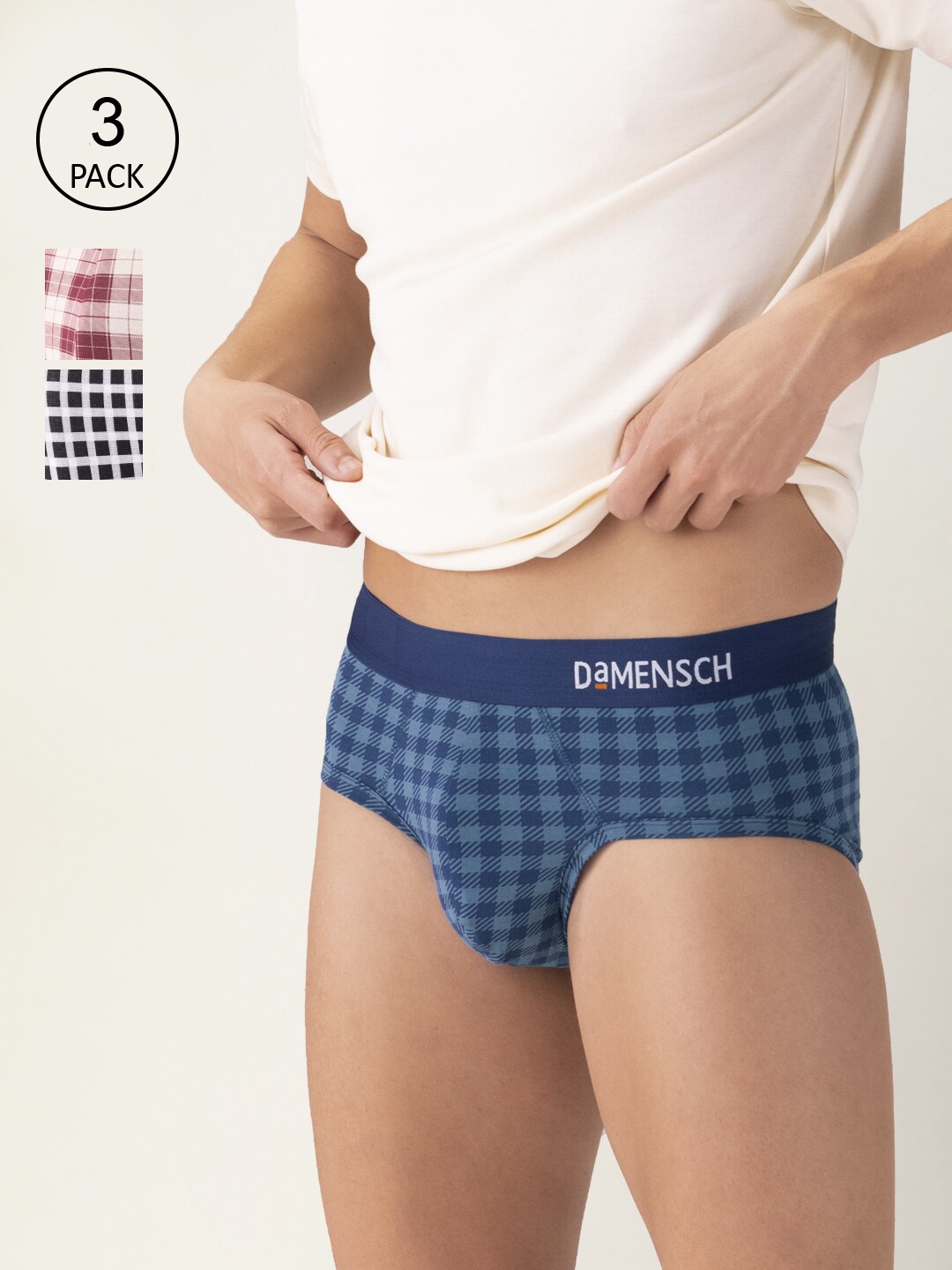 

DAMENSCH Men Pack Of 3 Checked DEO-SOFT Basic Briefs DAM-CHK-PRIN-B-STW-SHT-2-MIX, Maroon