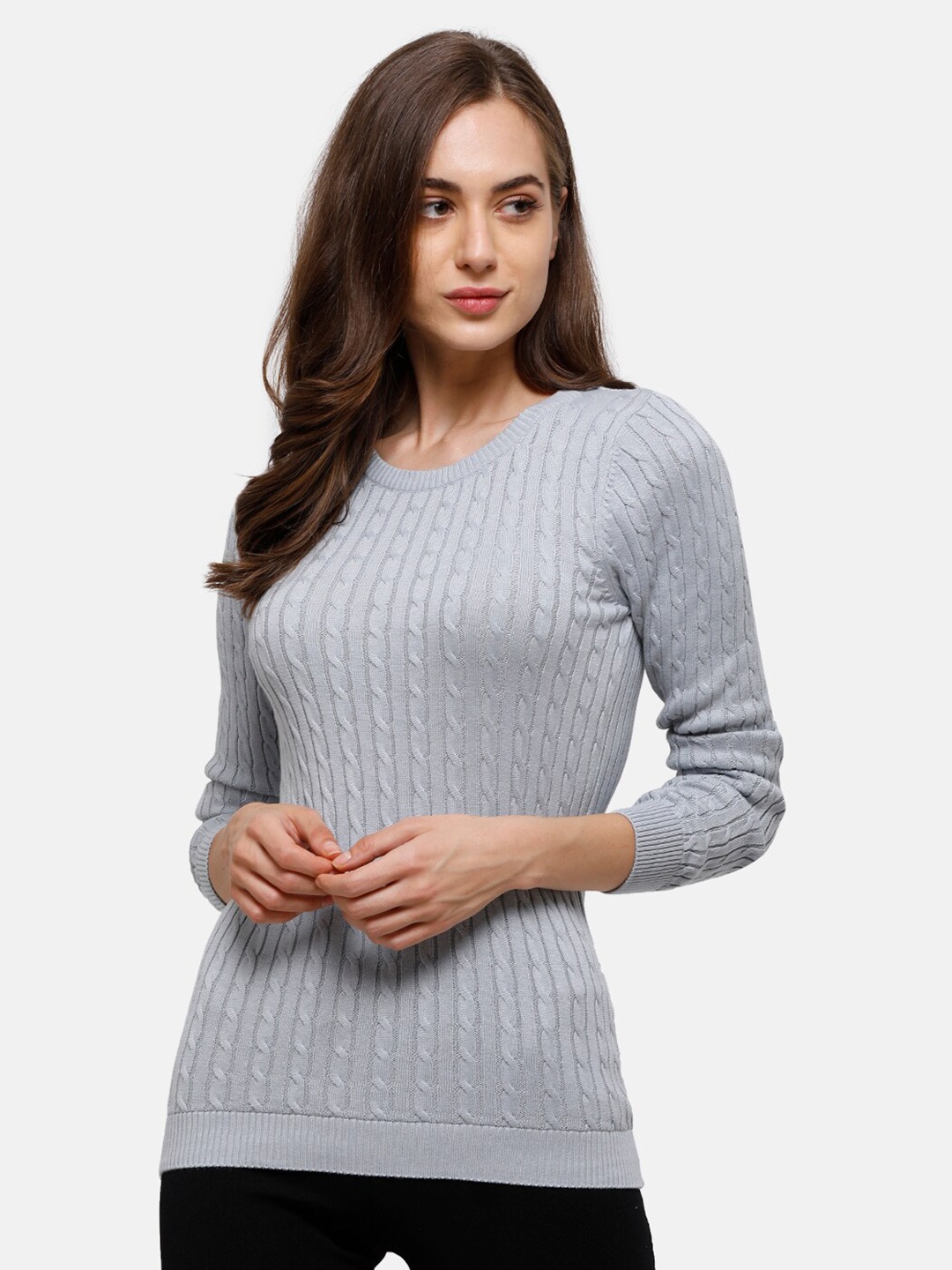 

98 Degree North Women Grey Ribbed Pure Cotton Long Sleeves Pullover