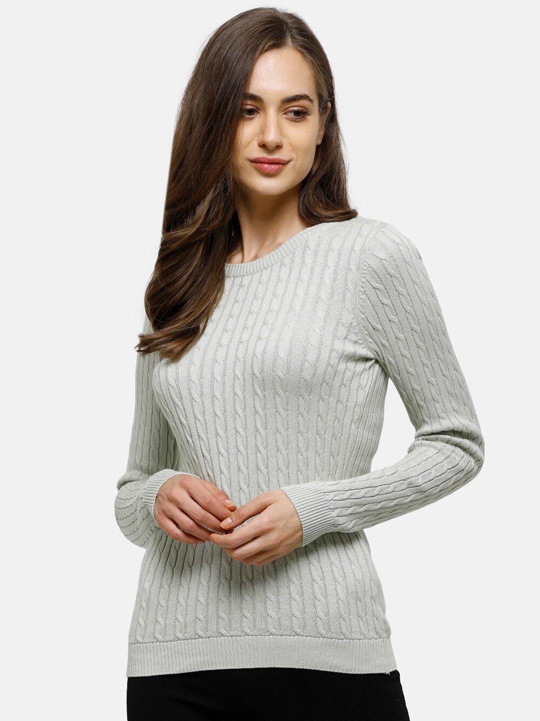 

98 Degree North Women Grey Cable Knit Round Neck Sweater