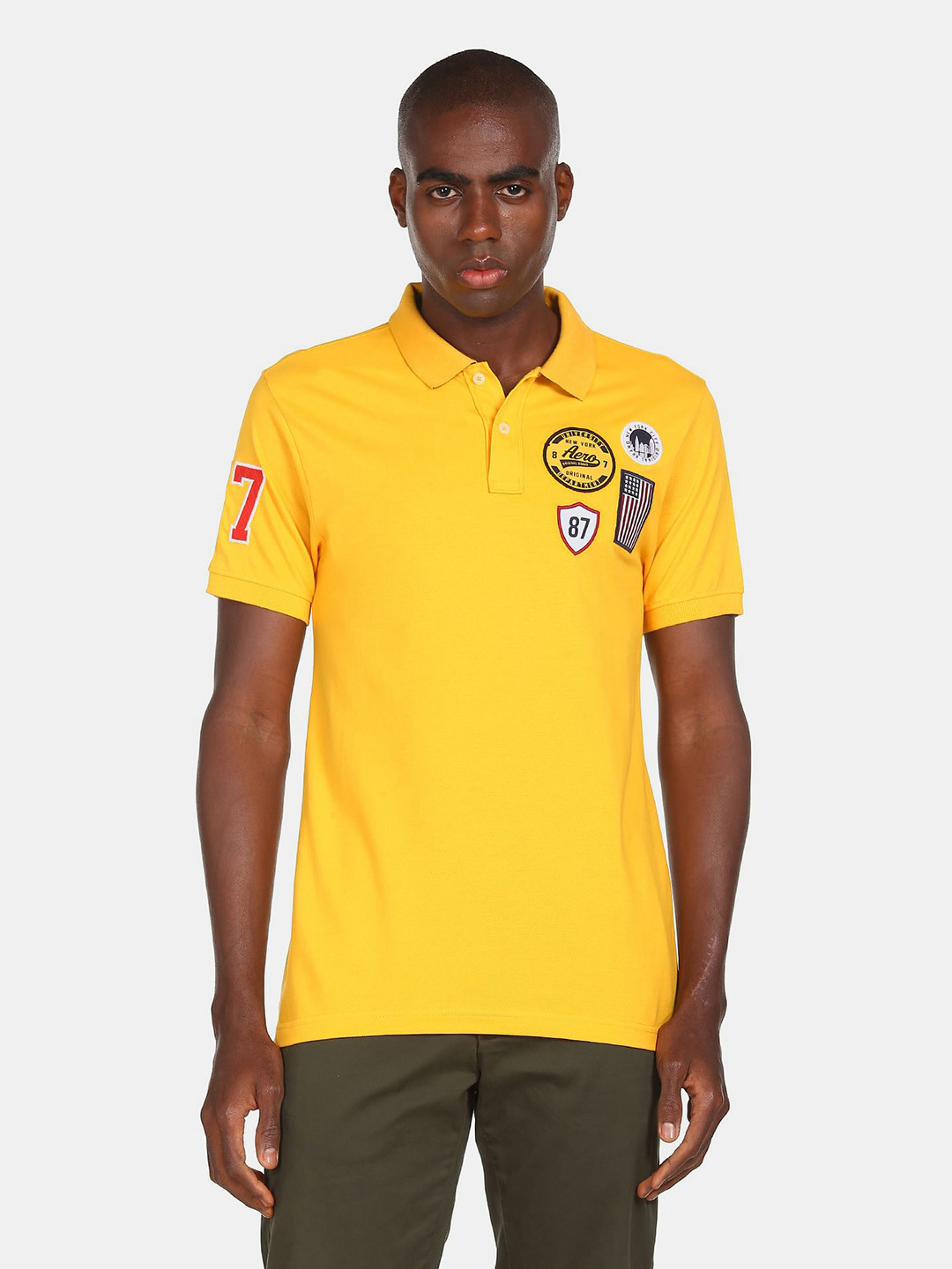 

Aeropostale Men Yellow Polo Collar Applique T-shirt