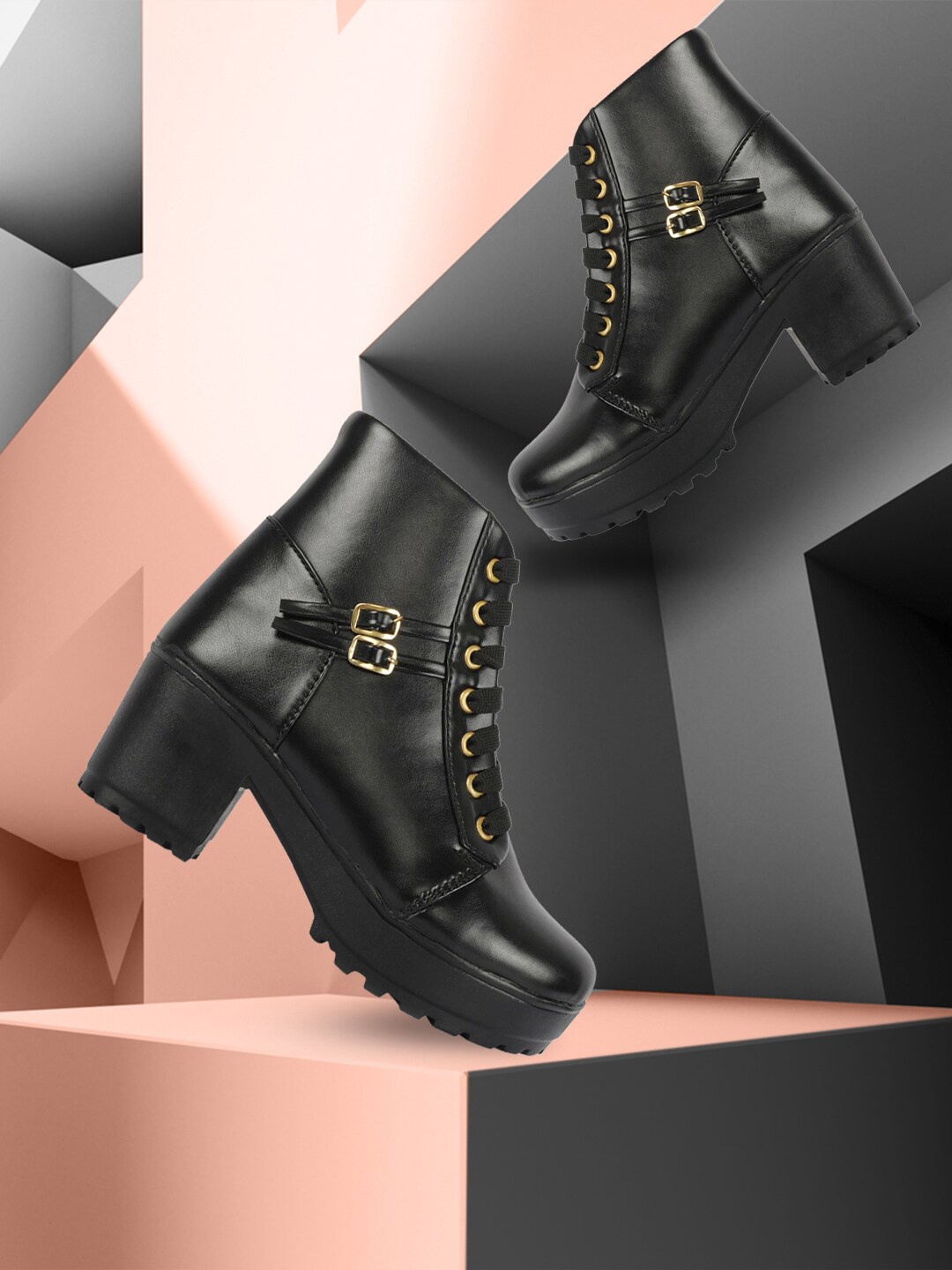 

Alishtezia Black PU Block Heeled Boots