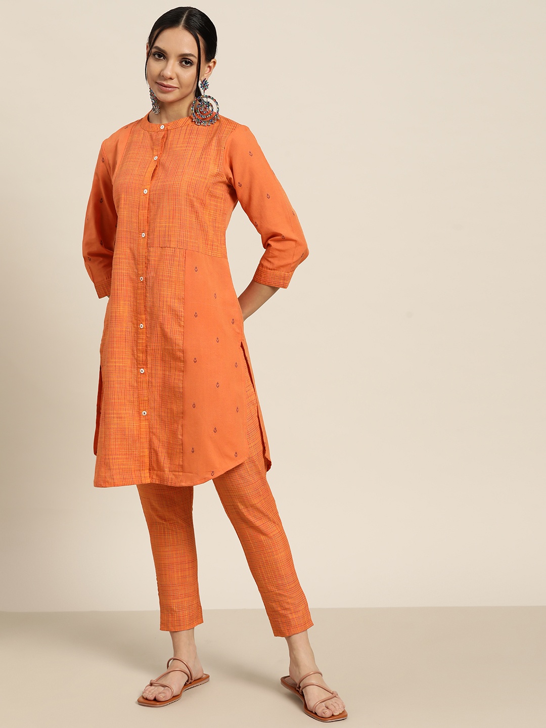 

Sangria Women Orange Checked Woven Design Regular Kurta with Trousers