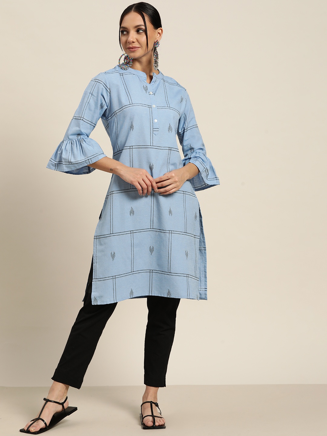 

Sangria Women Blue & Black Woven Design Bell Sleeves Pastel Straight Kurta