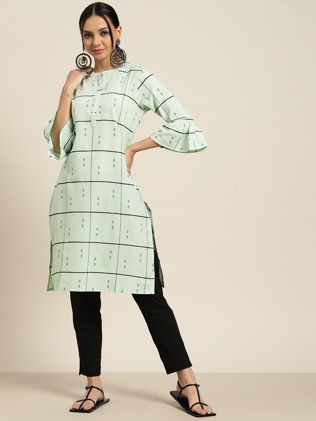 

Sangria Women Green & Black Checked Bell Sleeves Pastel Straight Kurta