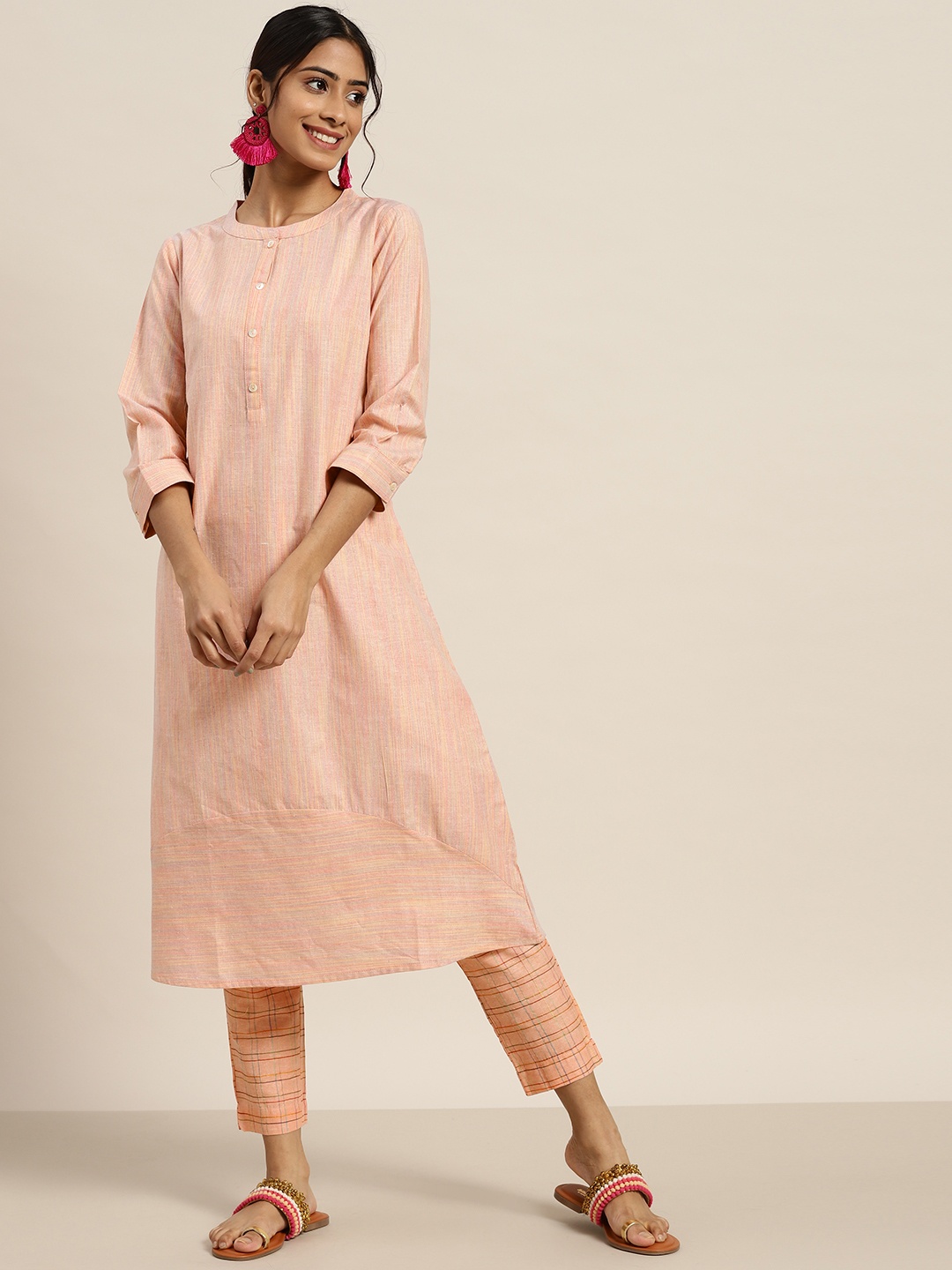 

Sangria Women Peach-Coloured Striped A-Line Kurta with Trousers