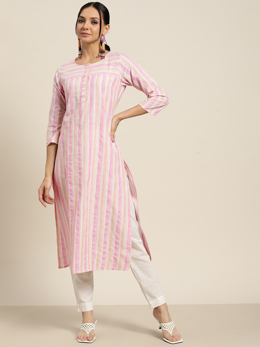 

Sangria Women Pink & Off-White Striped Straight Kurta
