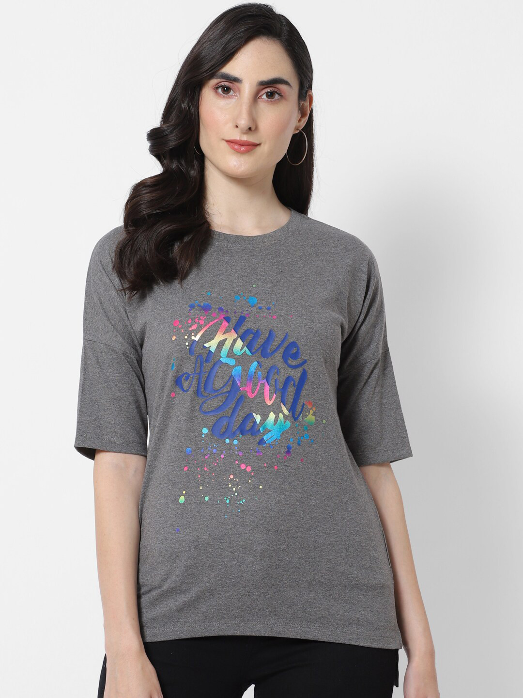 

MARCA Disati Women Grey Melange Typography Printed T-shirt