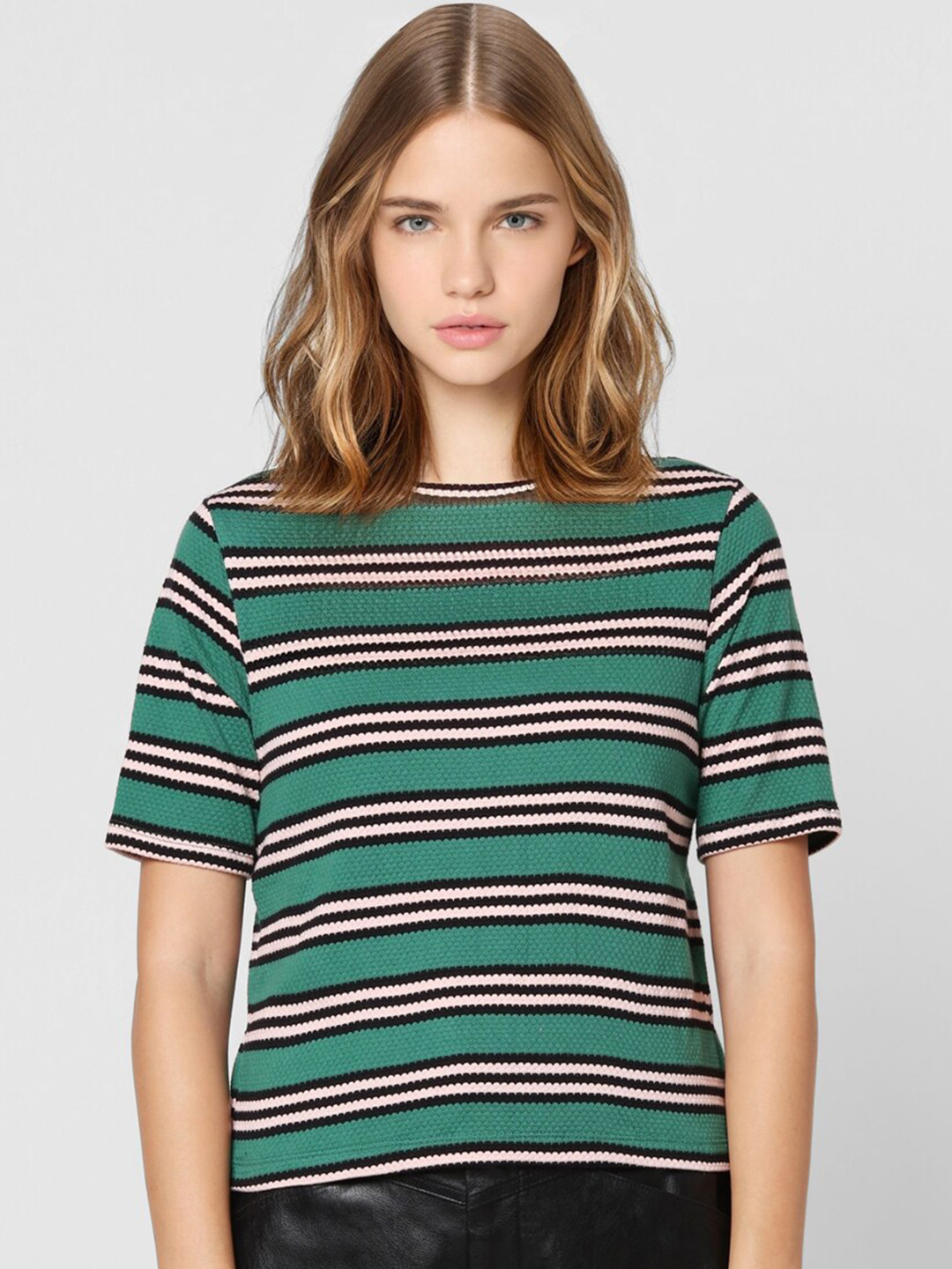 

ONLY Women Green Striped T-shirt