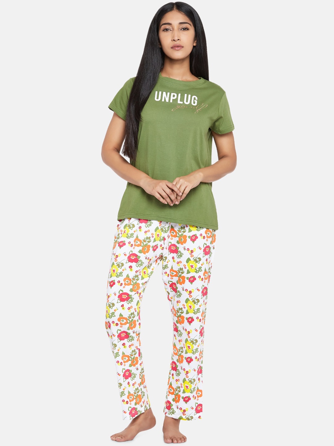 

People Women Green & White Floral Printed Night Suit
