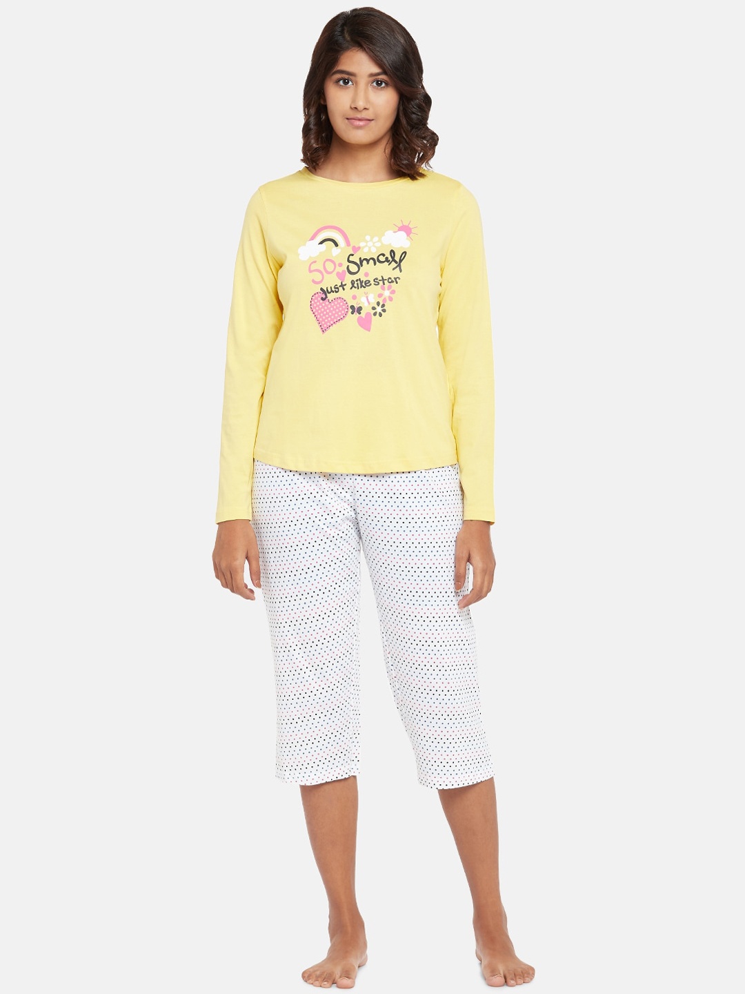 

People Women Yellow & White Printed T-Shirt And Capri Night suit