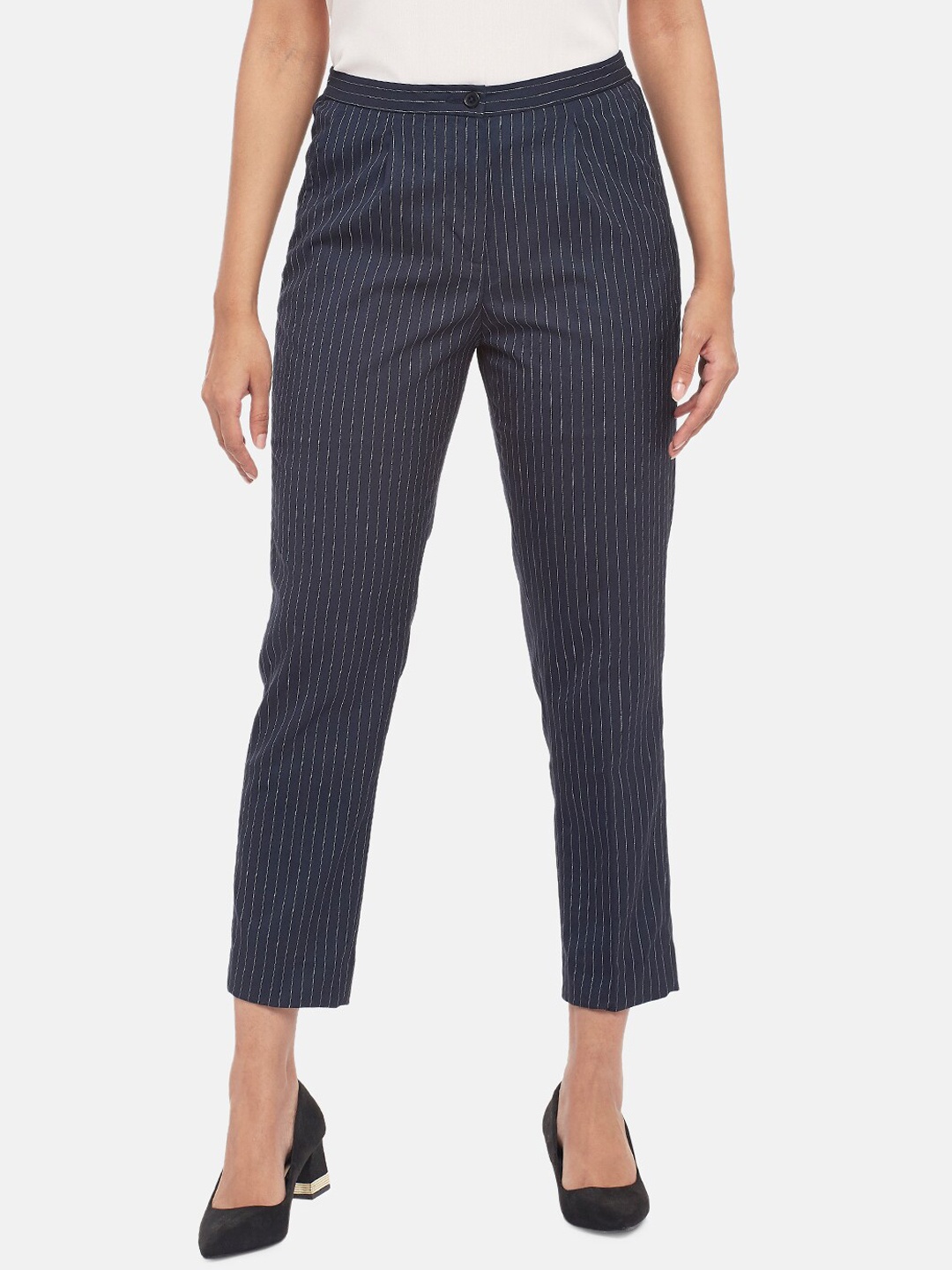

Annabelle by Pantaloons Women Navy Blue Striped Formal Trousers