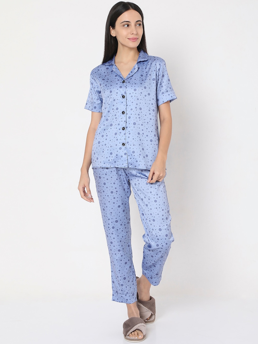

Smarty Pants Women Blue Satin Polka Dots Printed Night suit