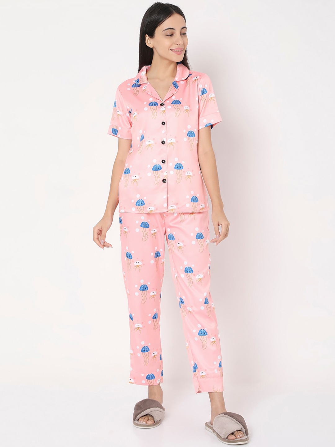 Smarty Pants Women Pink & Blue Printed Night suit