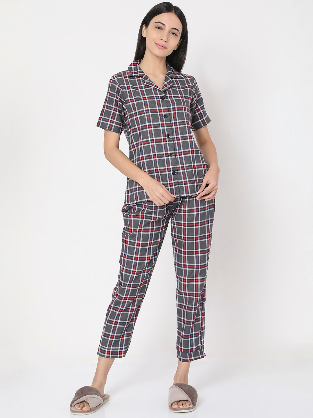 

Smarty Pants Women Grey & Red Checked Night Suit