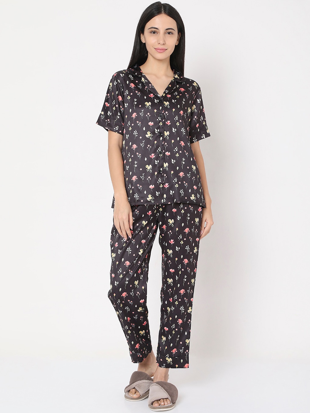 

Smarty Pants Women Black & Pink Printed Satin Night Suit