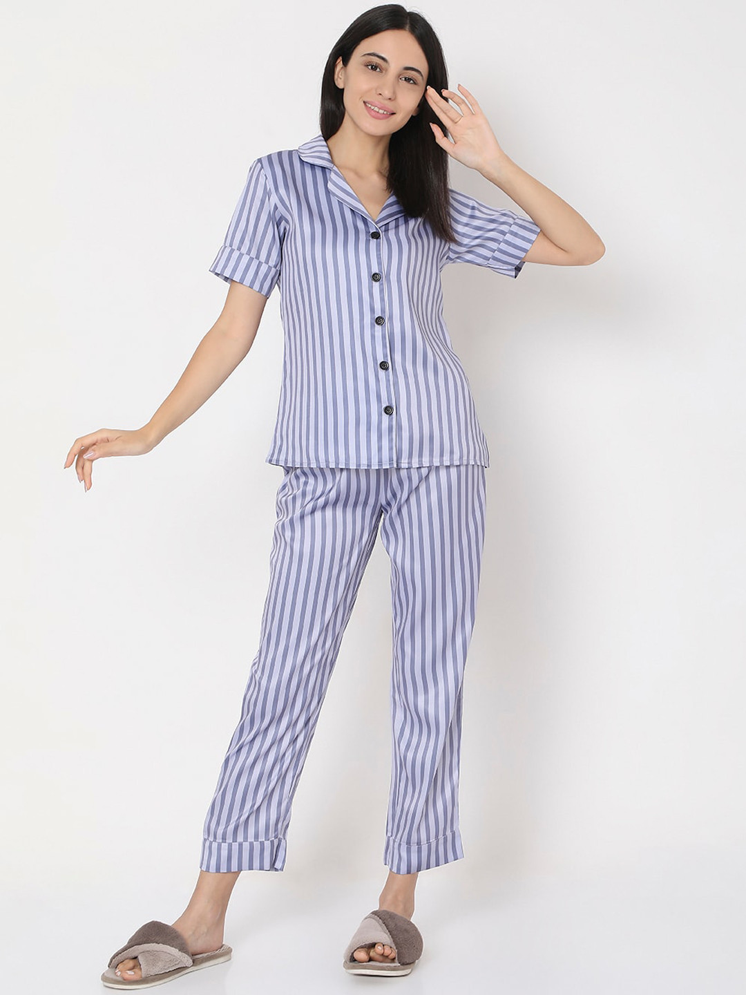 

Smarty Pants Women Grey Striped Night Suit