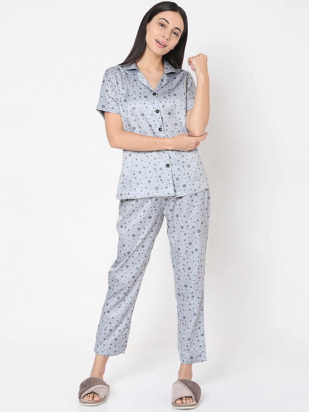 

Smarty Pants Women Grey Polka Dots Printed Night Suit